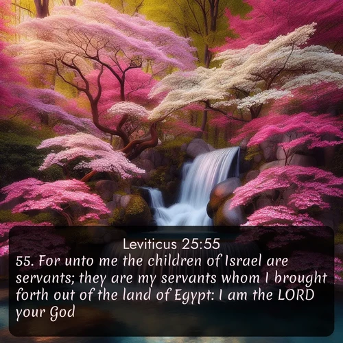 citation biblique : 55. For unto me the children of Israel are servants; they are my servants whom I brought forth out of the land of Egypt: I am the LORD your God.
 sur fond image nature