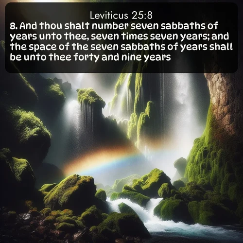KJV Leviticus  ; image nature: image with the bible verse :And thou shalt number seven sabbaths of years unto thee, seven times seven years; and the space of the seven sabbaths of years shall be unto thee forty and nine years. ; Dive into our collection of Bible verse images beautifully illustrated with beach photos, featuring gentle waves, sunsets over the sea, and sandy shores. These scenes evoke the peace and majesty of God. Download and share inspiring verses like KJV Leviticus 25:8. Current verse is overlayed with the thematic nature scene : A waterfall thunders through ancient moss-covered rocks while rainbow mist rises where water meets stone. ; 25:8