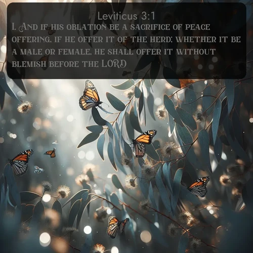 citation biblique : 1. And if his oblation be a sacrifice of peace offering, if he offer it of the herd; whether it be a male or female, he shall offer it without blemish before the LORD.
 sur fond image nature