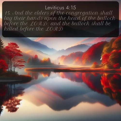 KJV Leviticus  ; image nature: image with the bible verse :And the elders of the congregation shall lay their hands upon the head of the bullock before the LORD: and the bullock shall be killed before the LORD. ; Discover Bible images capturing the splendor of deserts, with golden dunes, vast skies, and peaceful oases. These landscapes highlight the grandeur and serenity of God&#039;s creation. Share verses like KJV Leviticus 4:15. Current verse is overlayed with the thematic nature scene : Autumn colors reflect in a still mountain lake at sunrise. ; 4:15