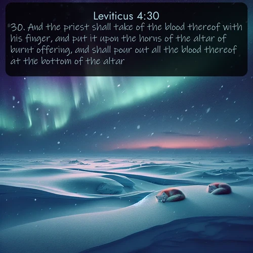 KJV Leviticus  ; image nature: image with the bible verse :And the priest shall take of the blood thereof with his finger, and put it upon the horns of the altar of burnt offering, and shall pour out all the blood thereof at the bottom of the altar. ; Explore Bible verses paired with beach photos, where waves gently crash on the sand and the sky glows with pastel hues at sunset. These scenes convey deep serenity. Download verses like KJV Leviticus 4:30. Current verse is overlayed with the thematic nature scene : Northern lights dance across the frozen tundra in ribbons of green and purple. Snow falls silently on sleeping arctic foxes. ; 4:30