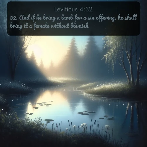 KJV Leviticus  ; image nature: image with the bible verse :And if he bring a lamb for a sin offering, he shall bring it a female without blemish. ; Admire Bible images representing autumn, with swirling leaves, misty skies, and vibrant trees. These images inspire profound spiritual reflection. Download and share verses like KJV Leviticus 4:32. Current verse is overlayed with the thematic nature scene : Spring peepers call from a pond reflecting the first evening stars. ; 4:32