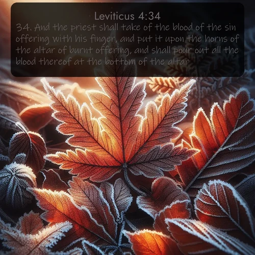 KJV Leviticus  ; image nature: image with the bible verse :And the priest shall take of the blood of the sin offering with his finger, and put it upon the horns of the altar of burnt offering, and shall pour out all the blood thereof at the bottom of the altar: ; Explore winter-themed Bible verse images illustrated by snowy mountains, frost-covered branches, and clear skies. These landscapes reflect divine purity and peace. Download verses like KJV Leviticus 4:34. Current verse is overlayed with the thematic nature scene : Autumn frost rims fallen leaves with crystal. ; 4:34