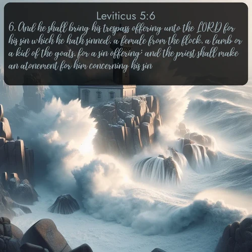 citation biblique : 6. And he shall bring his trespass offering unto the LORD for his sin which he hath sinned, a female from the flock, a lamb or a kid of the goats, for a sin offering; and the priest shall make an atonement for him concerning his sin.
 sur fond image nature