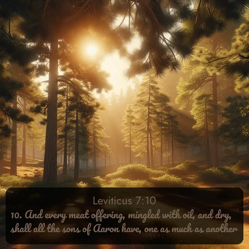 KJV Leviticus  ; image nature: image with the bible verse :And every meat offering, mingled with oil, and dry, shall all the sons of Aaron have, one as much as another. ; Browse our collection of Bible verses paired with captivating photos of God’s creation, like crystal-clear lakes, majestic cliffs, and colorful skies. All images are free for download and sharing. Verse examples include KJV Leviticus 7:10. Current verse is overlayed with the thematic nature scene : Summer heat brings out the scent of pine needles. ; 7:10