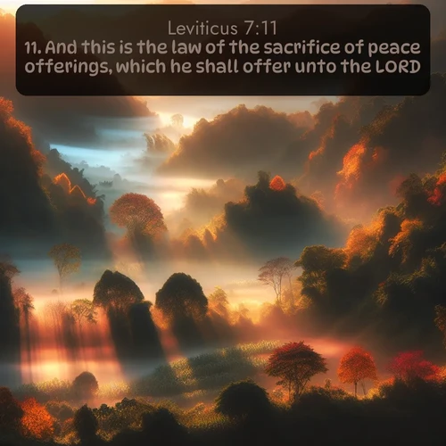 KJV Leviticus  ; image nature: image with the bible verse :And this is the law of the sacrifice of peace offerings, which he shall offer unto the LORD. ; Admire our gallery of Bible verse images paired with serene nature photography, featuring starlit skies, golden sands, and blooming wildflowers. Download and share verses like KJV Leviticus 7:11. Current verse is overlayed with the thematic nature scene : Autumn mist rises from warming morning valleys. ; 7:11