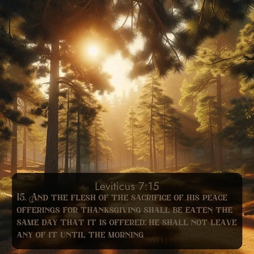 KJV Leviticus  ; image nature: image with the bible verse :And the flesh of the sacrifice of his peace offerings for thanksgiving shall be eaten the same day that it is offered; he shall not leave any of it until the morning. ; Dive into our collection of Bible verses paired with coastal scenes, featuring calming waves, infinite beaches, and reflections of the sun on the water. These images evoke the peace and beauty of God. Share verses like KJV Leviticus 7:15. Current verse is overlayed with the thematic nature scene : Summer heat brings out the scent of pine needles. ; 7:15