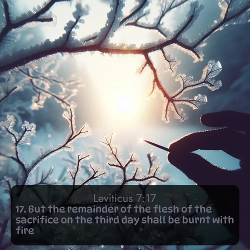 KJV Leviticus  ; image nature: image with the bible verse :But the remainder of the flesh of the sacrifice on the third day shall be burnt with fire. ; Admire Bible images representing autumn, with swirling leaves, misty skies, and vibrant trees. These images inspire profound spiritual reflection. Download and share verses like KJV Leviticus 7:17. Current verse is overlayed with the thematic nature scene : Winter sunrise glows through ice-coated branches. ; 7:17