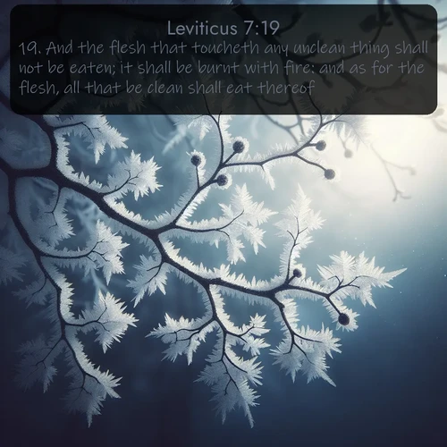 KJV Leviticus  ; image nature: image with the bible verse :And the flesh that toucheth any unclean thing shall not be eaten; it shall be burnt with fire: and as for the flesh, all that be clean shall eat thereof. ; Browse beautiful Bible verse images accompanied by peaceful scenes like calm seas, ancient forests, and radiant horizons. Download high-quality, free images featuring verses such as KJV Leviticus 7:19. Current verse is overlayed with the thematic nature scene : Winter frost coats bare branches in delicate crystal. ; 7:19