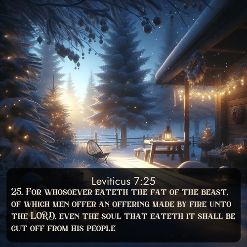 KJV Leviticus  ; image nature: image with the bible verse :For whosoever eateth the fat of the beast, of which men offer an offering made by fire unto the LORD, even the soul that eateth it shall be cut off from his people. ; Download Bible verse images paired with breathtaking nature photos like golden deserts, shimmering seas, and blossoming orchards. These high-quality, free images are perfect for wallpapers or sharing. Verses include KJV Leviticus 7:25. Current verse is overlayed with the thematic nature scene : Winter silence falls with evening snow. ; 7:25