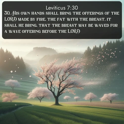 KJV Leviticus  ; image nature: image with the bible verse :His own hands shall bring the offerings of the LORD made by fire, the fat with the breast, it shall he bring, that the breast may be waved for a wave offering before the LORD. ; Explore a unique collection of Bible verses illustrated by winter landscapes, such as snowy mountains, frosty forests, and starry skies. These images capture the peace and beauty of winter. Share verses like KJV Leviticus 7:30. Current verse is overlayed with the thematic nature scene : Spring winds scatter cherry blossoms like snow. ; 7:30