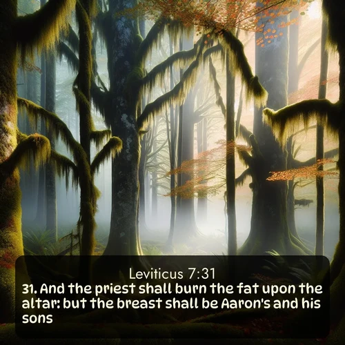 KJV Leviticus  ; image nature: image with the bible verse :And the priest shall burn the fat upon the altar: but the breast shall be Aaron&#039;s and his sons&#039;. ; Discover a unique collection of Bible verses adorned with winter landscapes, such as snow-covered forests, gently falling snowflakes, and pristine mountains. These images evoke the peace and purity of God&#039;s creation. Share verses like KJV Leviticus 7:31. Current verse is overlayed with the thematic nature scene : Autumn fog shrouds an old-growth forest draped in moss and lichen. ; 7:31