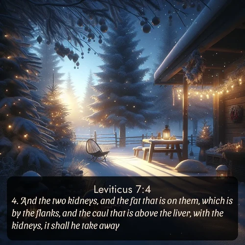 KJV Leviticus  ; image nature: image with the bible verse :And the two kidneys, and the fat that is on them, which is by the flanks, and the caul that is above the liver, with the kidneys, it shall he take away: ; Explore winter-themed Bible verse images illustrated by snowy mountains, frost-covered branches, and clear skies. These landscapes reflect divine purity and peace. Download verses like KJV Leviticus 7:4. Current verse is overlayed with the thematic nature scene : Winter silence falls with evening snow. ; 7:4