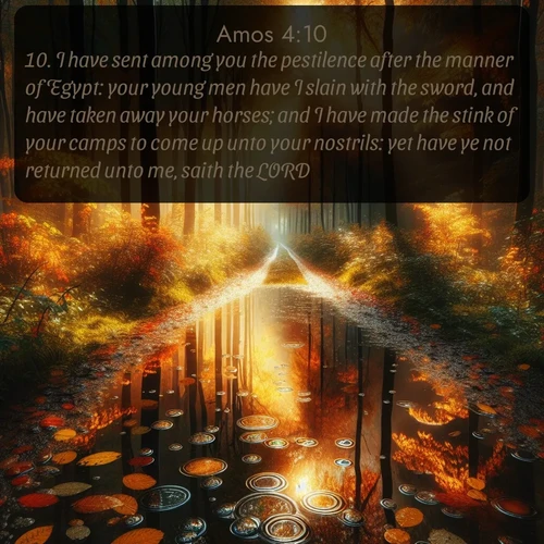 KJV Amos  ; image nature: image with the bible verse :I have sent among you the pestilence after the manner of Egypt: your young men have I slain with the sword, and have taken away your horses; and I have made the stink of your camps to come up unto your nostrils: yet have ye not returned unto me, saith the LORD. ; Dive into our collection of Bible verses paired with coastal scenes, featuring calming waves, infinite beaches, and reflections of the sun on the water. These images evoke the peace and beauty of God. Share verses like KJV Amos 4:10. Current verse is overlayed with the thematic nature scene : Autumn colors reflect in rain puddles on a forest path. ; 4:10
