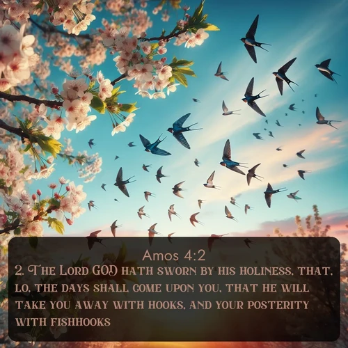 KJV Amos  ; image nature: image with the bible verse :The Lord GOD hath sworn by his holiness, that, lo, the days shall come upon you, that he will take you away with hooks, and your posterity with fishhooks. ; Discover a gallery of Bible verse images showcasing the beauty of autumn, with golden leaves, red forests, and peaceful fields bathed in soft light. These soothing scenes are perfect for accompanying inspiring verses like KJV Amos 4:2. Current verse is overlayed with the thematic nature scene : Spring migration fills the sky with countless swallows. ; 4:2
