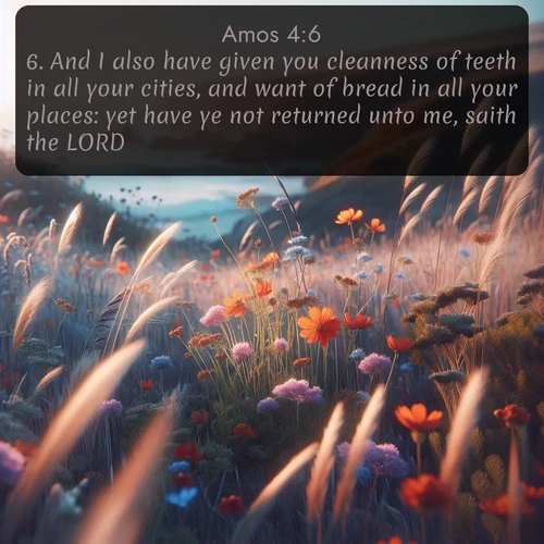 KJV Amos  ; image nature: image with the bible verse :And I also have given you cleanness of teeth in all your cities, and want of bread in all your places: yet have ye not returned unto me, saith the LORD. ; Admire our gallery of Bible verse images paired with serene nature photography, featuring starlit skies, golden sands, and blooming wildflowers. Download and share verses like KJV Amos 4:6. Current verse is overlayed with the thematic nature scene : Summer wildflowers wave in the breeze on coastal bluffs. ; 4:6