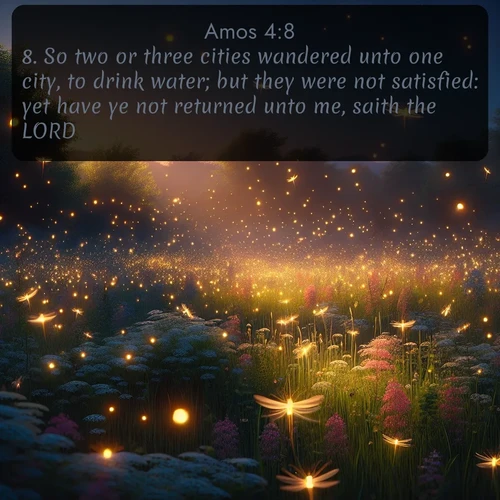 KJV Amos  ; image nature: image with the bible verse :So two or three cities wandered unto one city, to drink water; but they were not satisfied: yet have ye not returned unto me, saith the LORD. ; Admire our gallery of Bible verse images showcasing divine beauty in nature—whether snowy peaks or serene oceans. Each image is freely downloadable and perfect for personal or spiritual use. Share verses like KJV Amos 4:8. Current verse is overlayed with the thematic nature scene : Fireflies dance above a spring meadow filled with singing crickets. ; 4:8