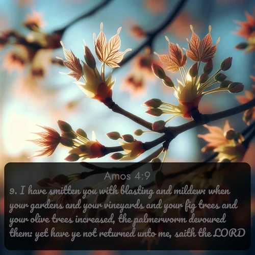 KJV Amos  ; image nature: image with the bible verse :I have smitten you with blasting and mildew: when your gardens and your vineyards and your fig trees and your olive trees increased, the palmerworm devoured them: yet have ye not returned unto me, saith the LORD. ; Explore a rich collection of Bible verse images beautifully illustrated by natural landscapes, such as colorful skies, towering mountains, and tranquil rivers. The images highlight the serenity of God&#039;s creation with vivid tones and carefully chosen typography. Download and share inspiring verses like KJV Amos 4:9. Current verse is overlayed with the thematic nature scene : Spring buds burst open on maple branches against a blue sky. ; 4:9