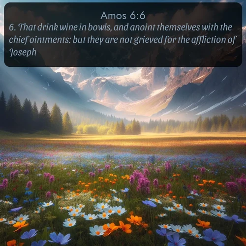 KJV Amos  ; image nature: image with the bible verse :That drink wine in bowls, and anoint themselves with the chief ointments: but they are not grieved for the affliction of Joseph. ; Discover a unique collection of Bible verses adorned with winter landscapes, such as snow-covered forests, gently falling snowflakes, and pristine mountains. These images evoke the peace and purity of God&#039;s creation. Share verses like KJV Amos 6:6. Current verse is overlayed with the thematic nature scene : Spring wildflowers carpet an alpine meadow beneath snow-capped peaks. ; 6:6