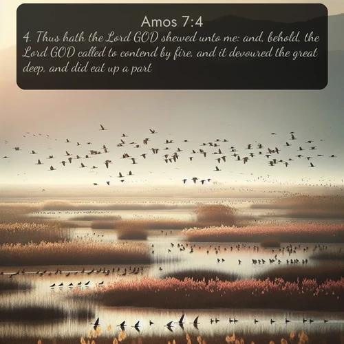 citation biblique : 4. Thus hath the Lord GOD shewed unto me: and, behold, the Lord GOD called to contend by fire, and it devoured the great deep, and did eat up a part.
 sur fond image nature