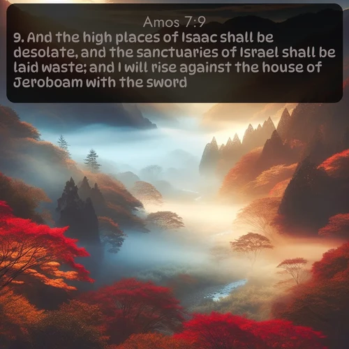 citation biblique : 9. And the high places of Isaac shall be desolate, and the sanctuaries of Israel shall be laid waste; and I will rise against the house of Jeroboam with the sword.
 sur fond image nature