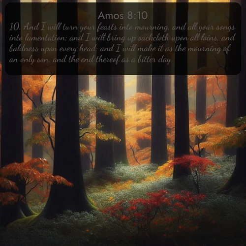 KJV Amos 8:10 overlaying nature image scene: Autumn rain darkens tree trunks in the forest.;10. And I will turn your feasts into mourning, and all your songs into lamentation; and I will bring up sackcloth upon all loins, and baldness upon every head; and I will make it as the mourning of an only son, and the end thereof as a bitter day.