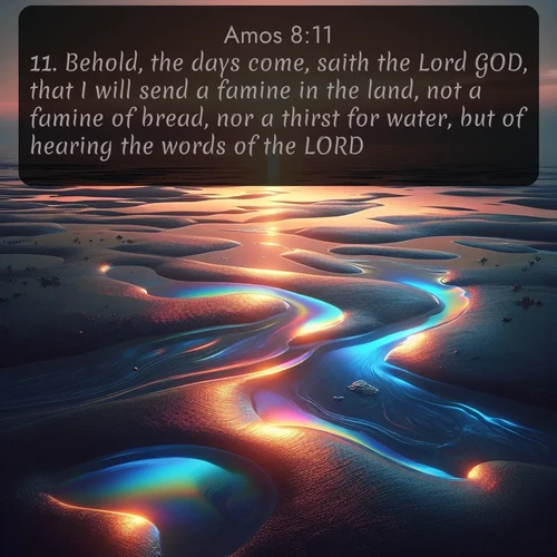 citation biblique : 11. Behold, the days come, saith the Lord GOD, that I will send a famine in the land, not a famine of bread, nor a thirst for water, but of hearing the words of the LORD:
 sur fond image nature