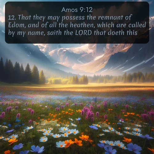 KJV Amos  ; image nature: image with the bible verse :That they may possess the remnant of Edom, and of all the heathen, which are called by my name, saith the LORD that doeth this. ; Browse our collection of Bible verses paired with captivating photos of God’s creation, like crystal-clear lakes, majestic cliffs, and colorful skies. All images are free for download and sharing. Verse examples include KJV Amos 9:12. Current verse is overlayed with the thematic nature scene : Spring wildflowers carpet an alpine meadow beneath snow-capped peaks. ; 9:12