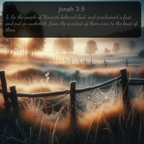 citation biblique : 5. So the people of Nineveh believed God, and proclaimed a fast, and put on sackcloth, from the greatest of them even to the least of them.
 sur fond image nature