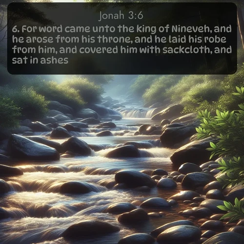 citation biblique : 6. For word came unto the king of Nineveh, and he arose from his throne, and he laid his robe from him, and covered him with sackcloth, and sat in ashes.
 sur fond image nature
