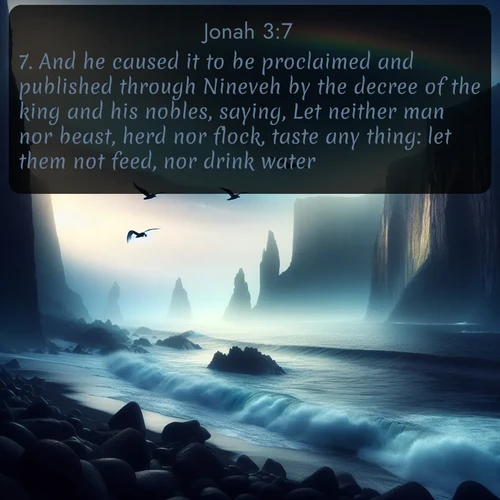 citation biblique : 7. And he caused it to be proclaimed and published through Nineveh by the decree of the king and his nobles, saying, Let neither man nor beast, herd nor flock, taste any thing: let them not feed, nor drink water:
 sur fond image nature