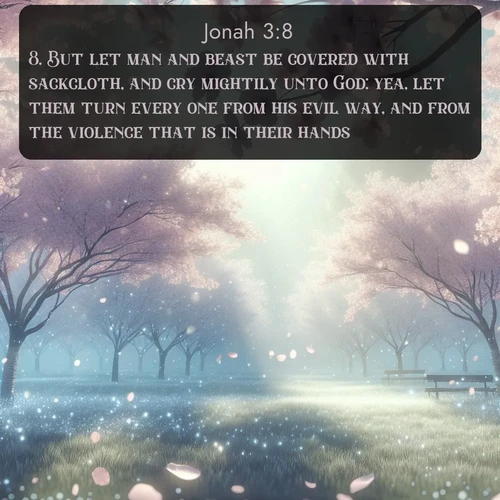 citation biblique : 8. But let man and beast be covered with sackcloth, and cry mightily unto God: yea, let them turn every one from his evil way, and from the violence that is in their hands.
 sur fond image nature