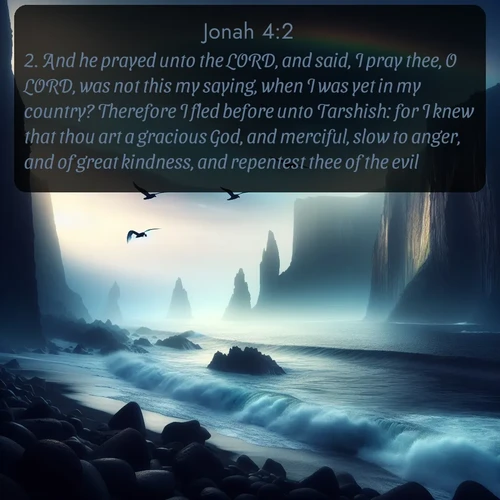 citation biblique : 2. And he prayed unto the LORD, and said, I pray thee, O LORD, was not this my saying, when I was yet in my country? Therefore I fled before unto Tarshish: for I knew that thou art a gracious God, and merciful, slow to anger, and of great kindness, and repentest thee of the evil.
 sur fond image nature