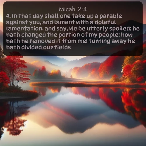 citation biblique : 4. In that day shall one take up a parable against you, and lament with a doleful lamentation, and say, We be utterly spoiled: he hath changed the portion of my people: how hath he removed it from me! turning away he hath divided our fields.
 sur fond image nature