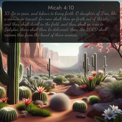 citation biblique : 10. Be in pain, and labour to bring forth, O daughter of Zion, like a woman in travail: for now shalt thou go forth out of the city, and thou shalt dwell in the field, and thou shalt go even to Babylon; there shalt thou be delivered; there the LORD shall redeem thee from the hand of thine enemies.
 sur fond image nature