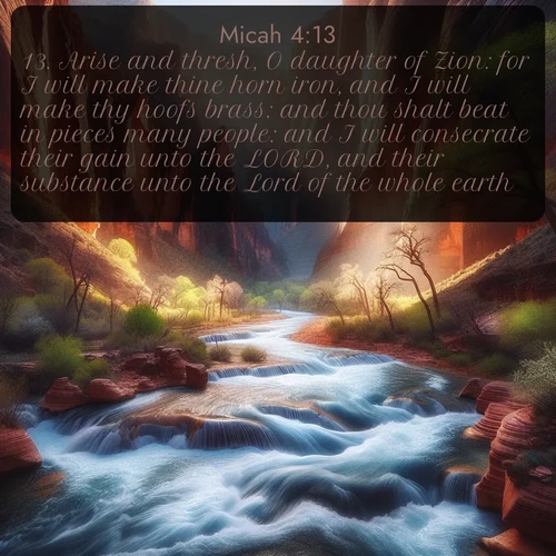 citation biblique : 13. Arise and thresh, O daughter of Zion: for I will make thine horn iron, and I will make thy hoofs brass: and thou shalt beat in pieces many people: and I will consecrate their gain unto the LORD, and their substance unto the Lord of the whole earth.
 sur fond image nature