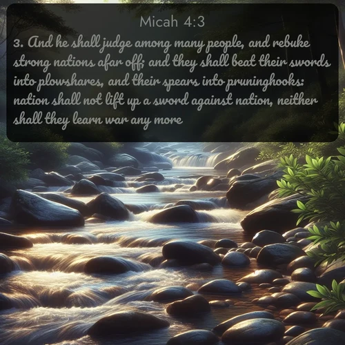 citation biblique : 3. And he shall judge among many people, and rebuke strong nations afar off; and they shall beat their swords into plowshares, and their spears into pruninghooks: nation shall not lift up a sword against nation, neither shall they learn war any more.
 sur fond image nature
