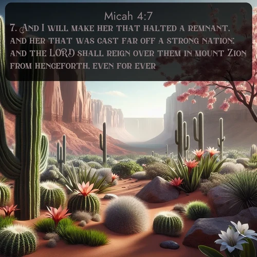 citation biblique : 7. And I will make her that halted a remnant, and her that was cast far off a strong nation: and the LORD shall reign over them in mount Zion from henceforth, even for ever.
 sur fond image nature