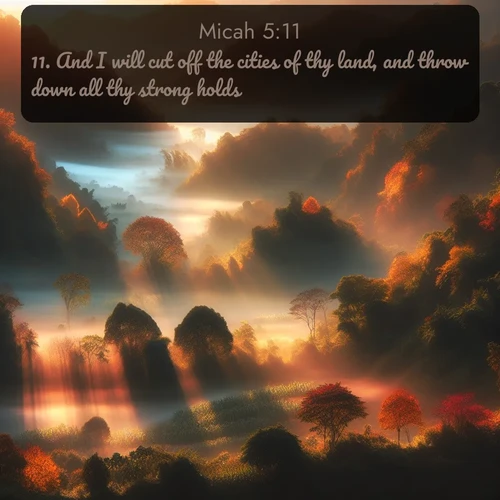 citation biblique : 11. And I will cut off the cities of thy land, and throw down all thy strong holds:
 sur fond image nature