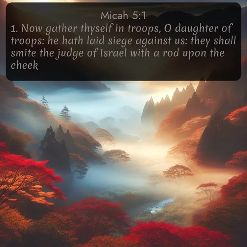 citation biblique : 1. Now gather thyself in troops, O daughter of troops: he hath laid siege against us: they shall smite the judge of Israel with a rod upon the cheek.
 sur fond image nature