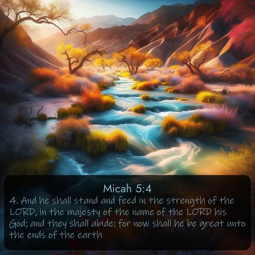 citation biblique : 4. And he shall stand and feed in the strength of the LORD, in the majesty of the name of the LORD his God; and they shall abide: for now shall he be great unto the ends of the earth.
 sur fond image nature