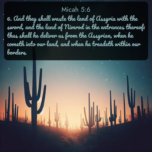 citation biblique : 6. And they shall waste the land of Assyria with the sword, and the land of Nimrod in the entrances thereof: thus shall he deliver us from the Assyrian, when he cometh into our land, and when he treadeth within our borders.
 sur fond image nature