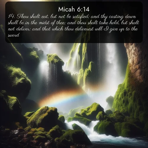 citation biblique : 14. Thou shalt eat, but not be satisfied; and thy casting down shall be in the midst of thee; and thou shalt take hold, but shalt not deliver; and that which thou deliverest will I give up to the sword.
 sur fond image nature