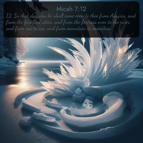 citation biblique : 12. In that day also he shall come even to thee from Assyria, and from the fortified cities, and from the fortress even to the river, and from sea to sea, and from mountain to mountain.
 sur fond image nature