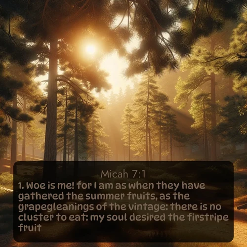 KJV Micah  ; image nature: image with the bible verse :Woe is me! for I am as when they have gathered the summer fruits, as the grapegleanings of the vintage: there is no cluster to eat: my soul desired the firstripe fruit. ; Discover our curated gallery of Bible verse images with breathtaking scenery, from tranquil deserts to lush green pastures. Perfect for phone wallpapers or sharing online. Download verses like KJV Micah 7:1. Current verse is overlayed with the thematic nature scene : Summer heat brings out the scent of pine needles. ; 7:1