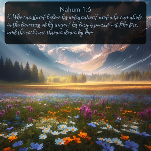 citation biblique : 6. Who can stand before his indignation? and who can abide in the fierceness of his anger? his fury is poured out like fire, and the rocks are thrown down by him.
 sur fond image nature