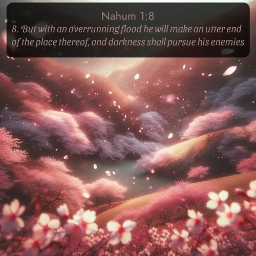 citation biblique : 8. But with an overrunning flood he will make an utter end of the place thereof, and darkness shall pursue his enemies.
 sur fond image nature