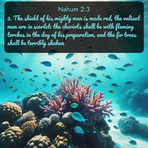 citation biblique : 3. The shield of his mighty men is made red, the valiant men are in scarlet: the chariots shall be with flaming torches in the day of his preparation, and the fir trees shall be terribly shaken.
 sur fond image nature
