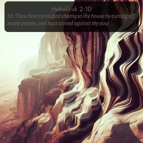 KJV Habakkuk  ; image nature: image with the bible verse :Thou hast consulted shame to thy house by cutting off many people, and hast sinned against thy soul. ; Browse beautiful Bible verse images accompanied by peaceful scenes like calm seas, ancient forests, and radiant horizons. Download high-quality, free images featuring verses such as KJV Habakkuk 2:10. Current verse is overlayed with the thematic nature scene : Desert varnish stains cliff faces in abstract patterns. ; 2:10