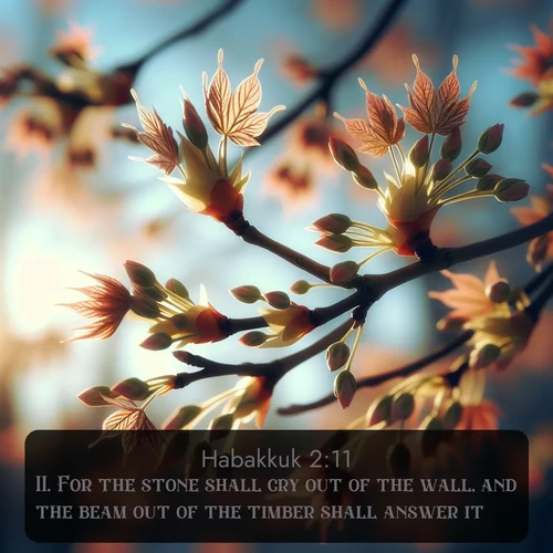 citation biblique : 11. For the stone shall cry out of the wall, and the beam out of the timber shall answer it.
 sur fond image nature